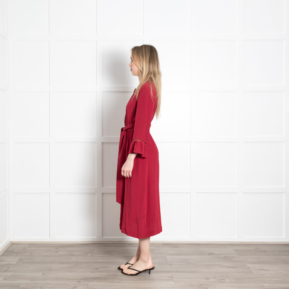 Vanessa Seward Ruby Red Button Front Silk Midi Dress