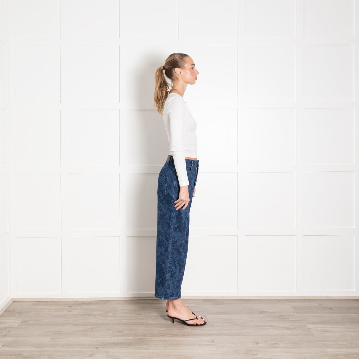 Erdem Blue Denim Floral Print Wide Leg Cropped Jeans