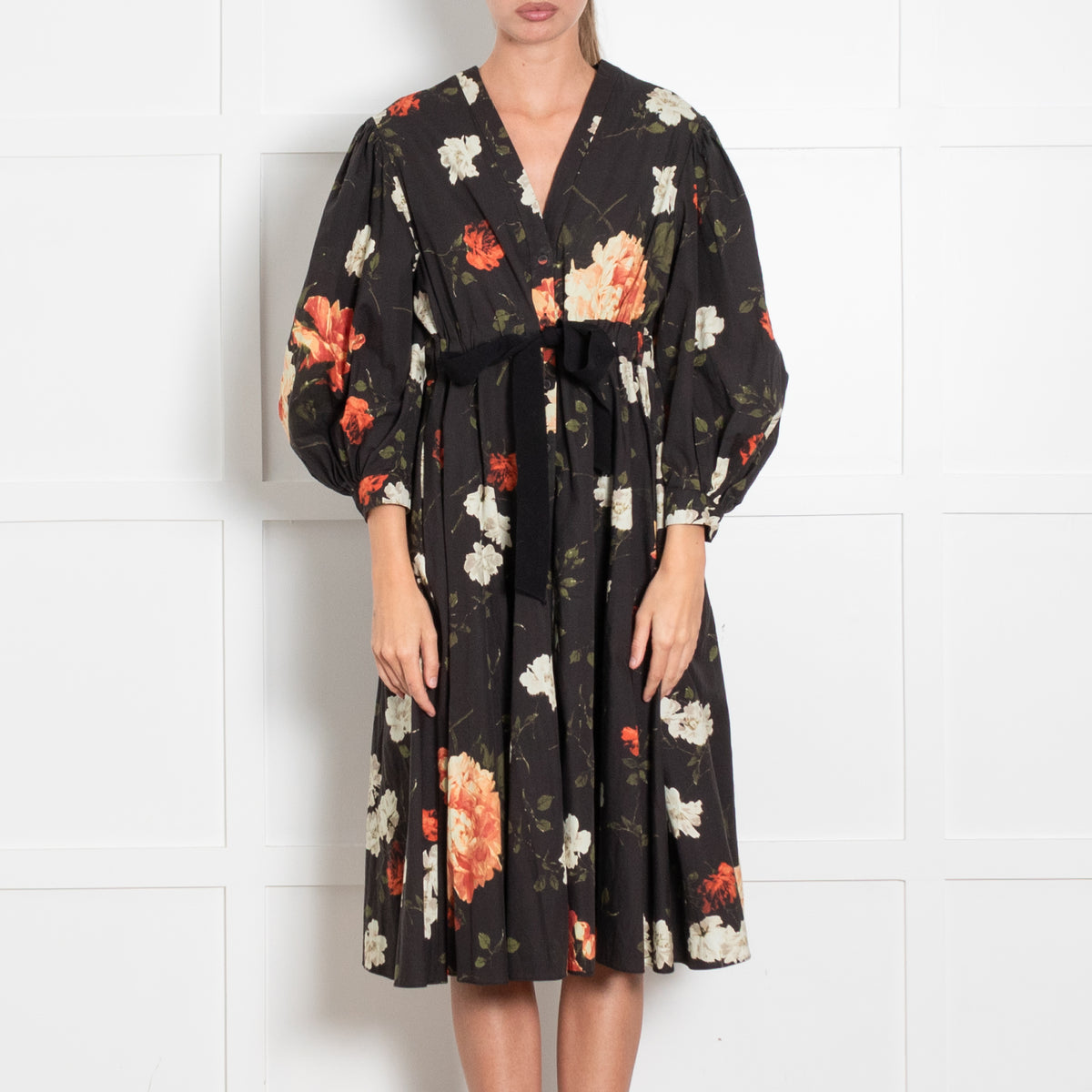 Erdem Black Orange Cream Cotton Rose Print Tie Waist Midi Dress