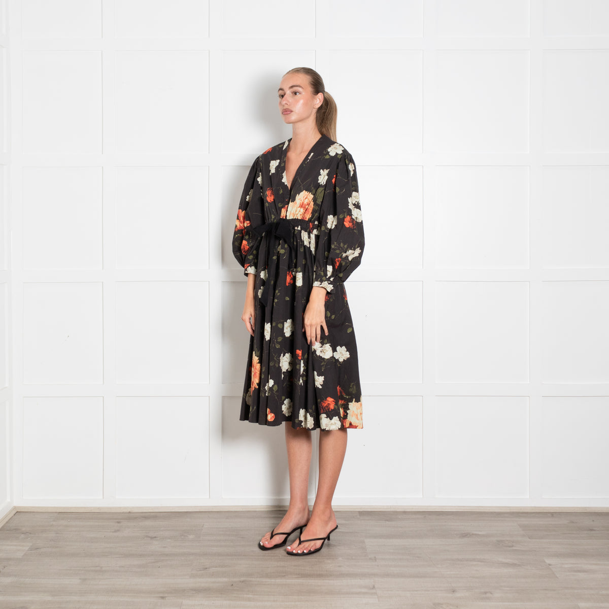 Erdem Black Orange Cream Cotton Rose Print Tie Waist Midi Dress