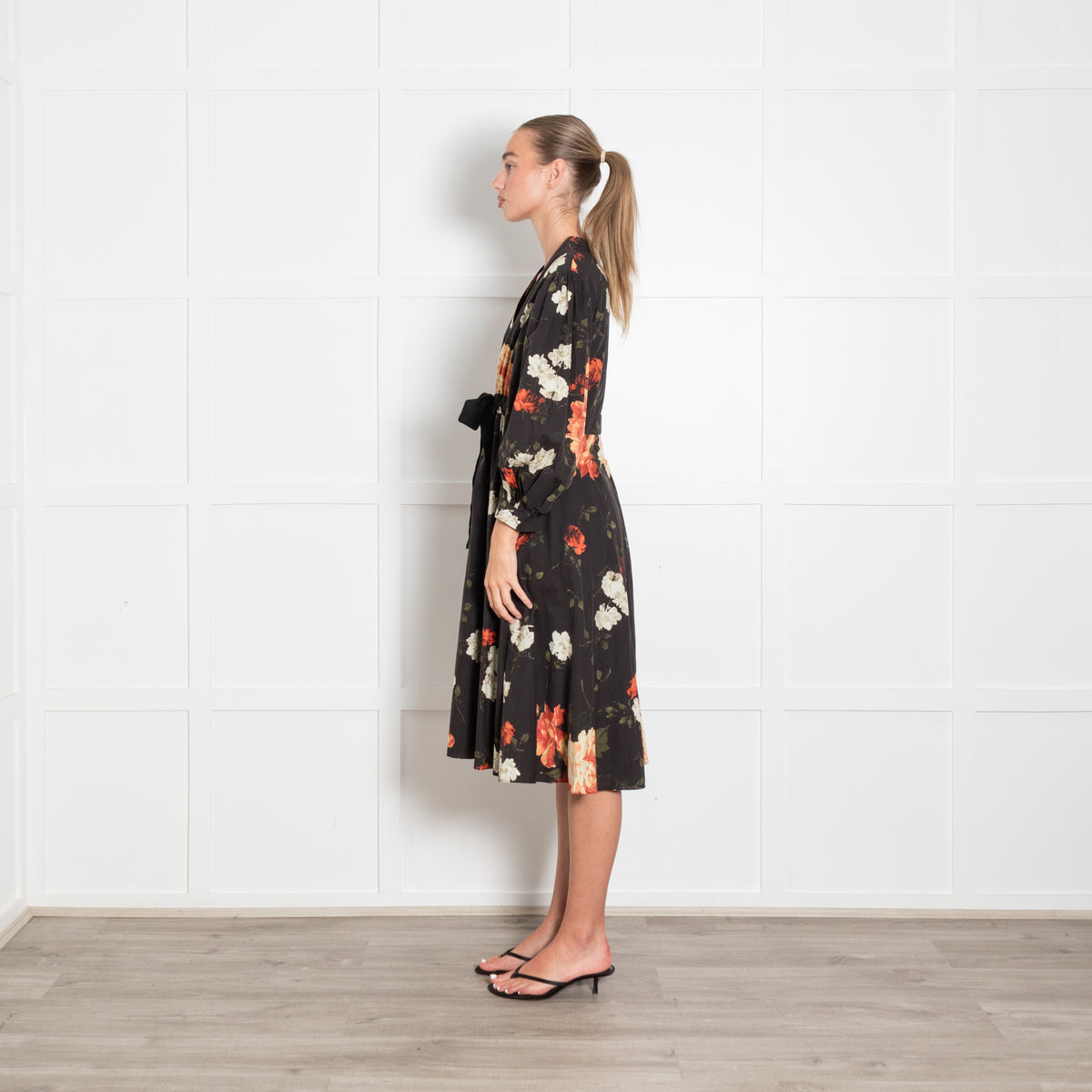 Erdem Black Orange Cream Cotton Rose Print Tie Waist Midi Dress