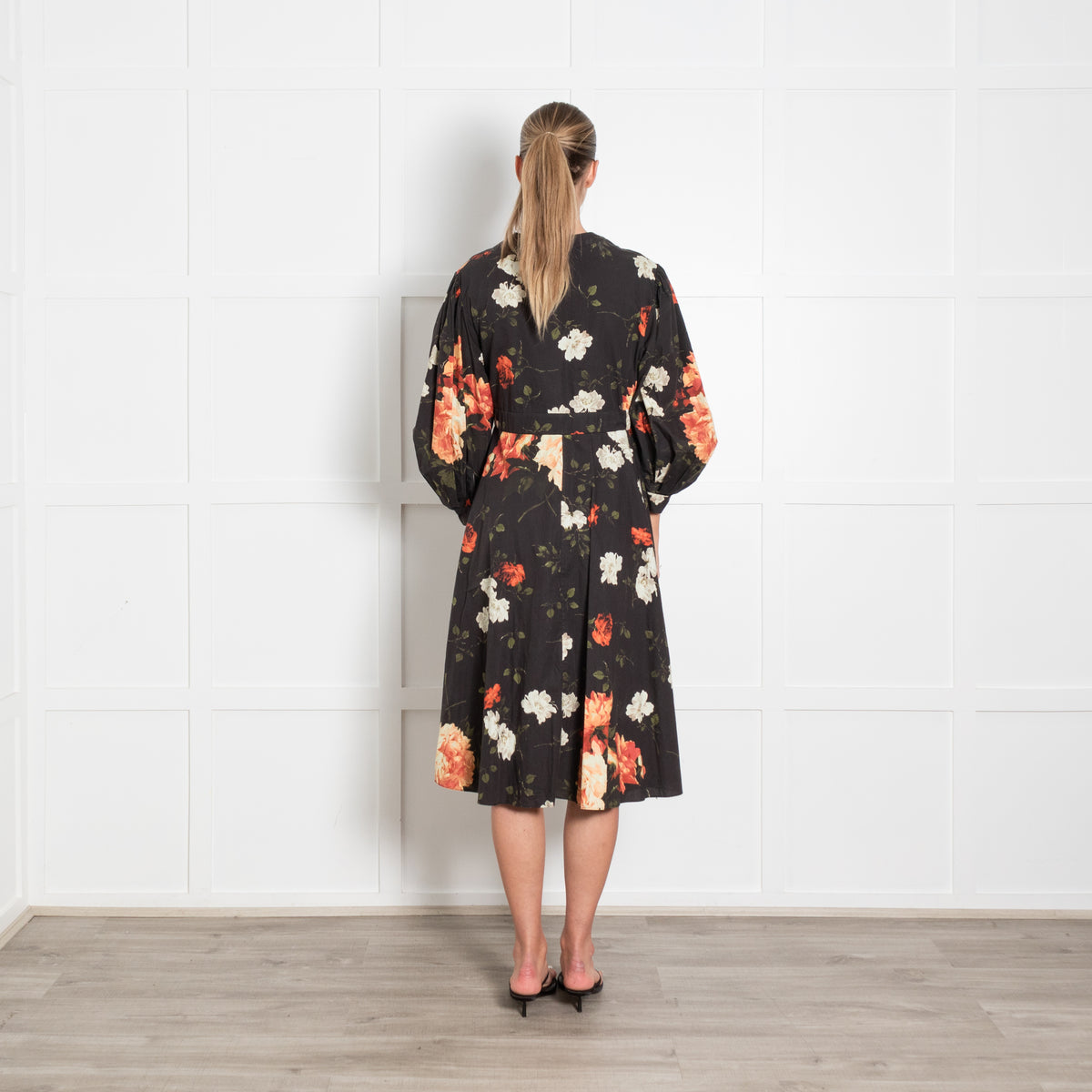 Erdem Black Orange Cream Cotton Rose Print Tie Waist Midi Dress