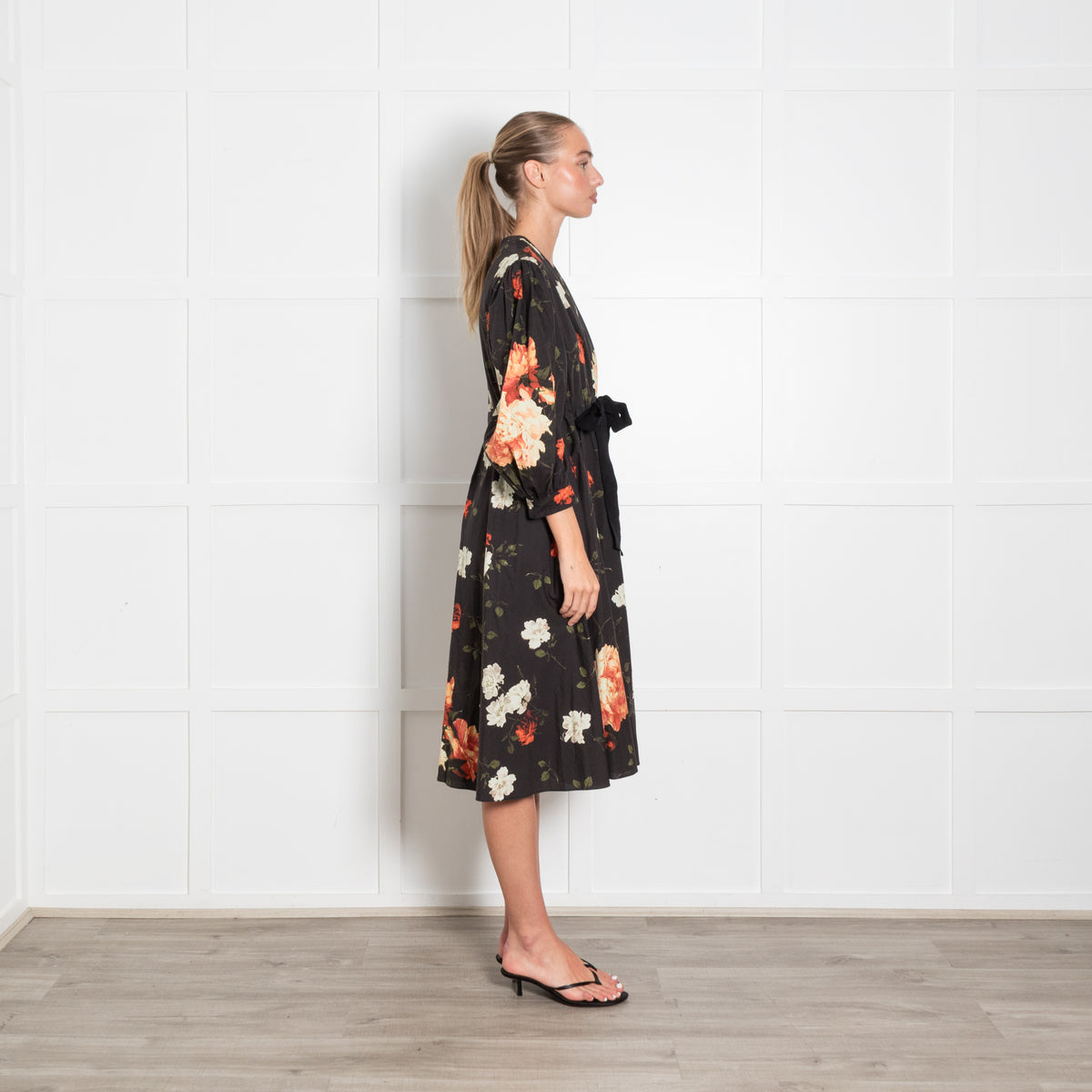Erdem Black Orange Cream Cotton Rose Print Tie Waist Midi Dress