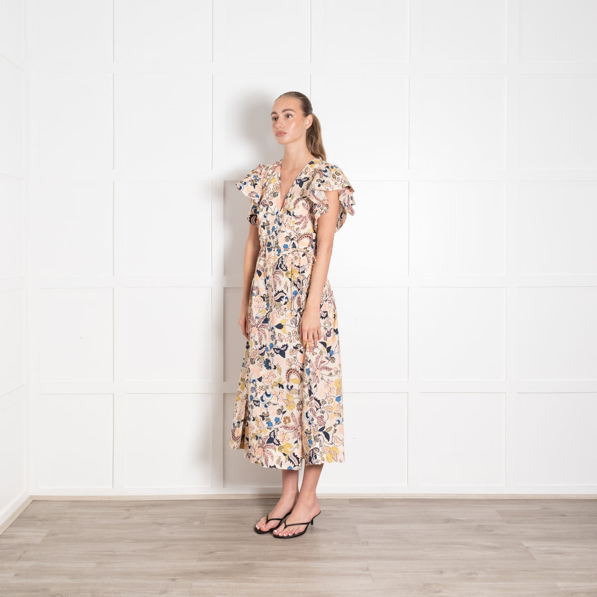 Ulla Johnson Peach Pink Blue Floral Print Cap Sleeved V Neck Dress