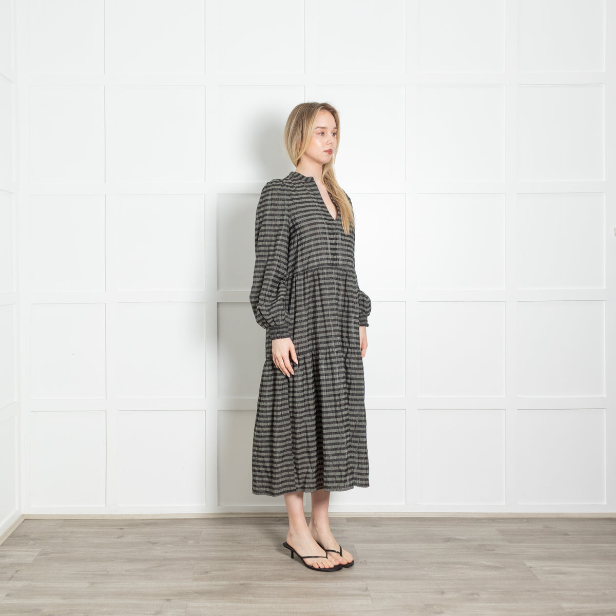 Levate Room Grey Black Striped Tiered Long Dress With Slip