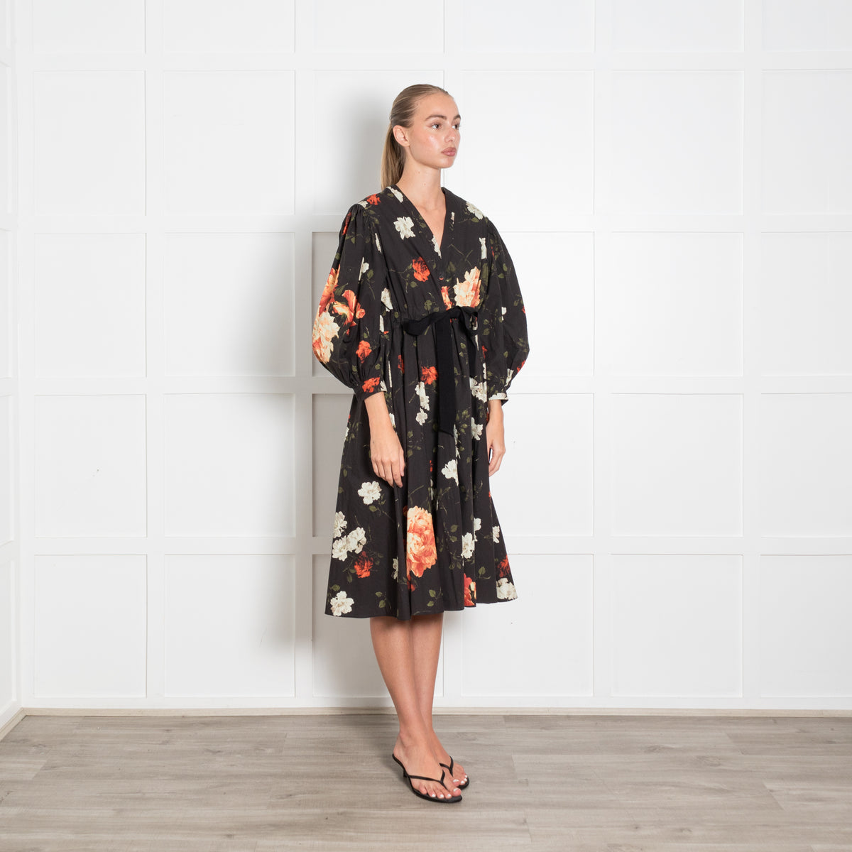 Erdem Black Orange Cream Cotton Rose Print Tie Waist Midi Dress