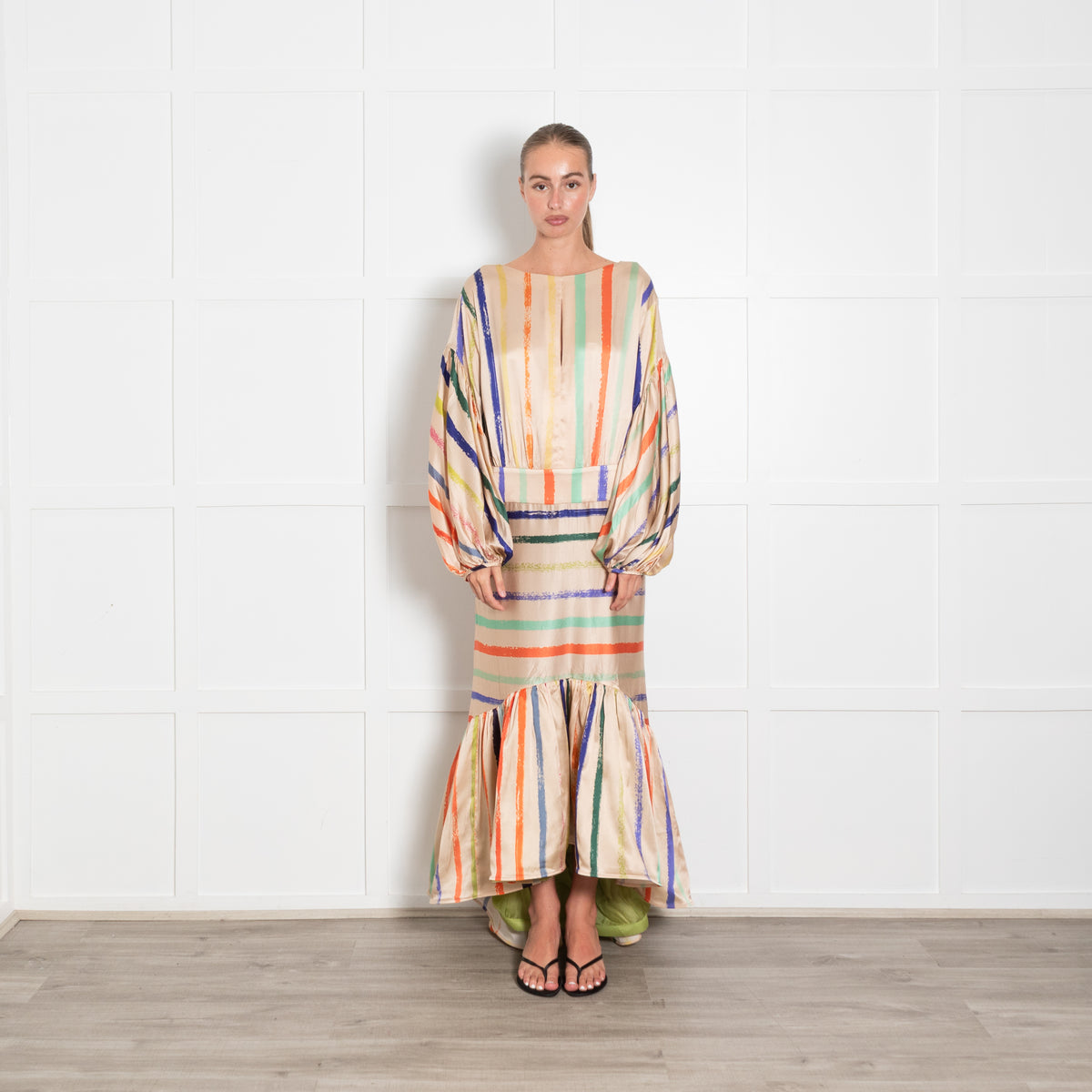 Silvia Tcherassi Albahaca Striped Stretch Silk Flounce Dress