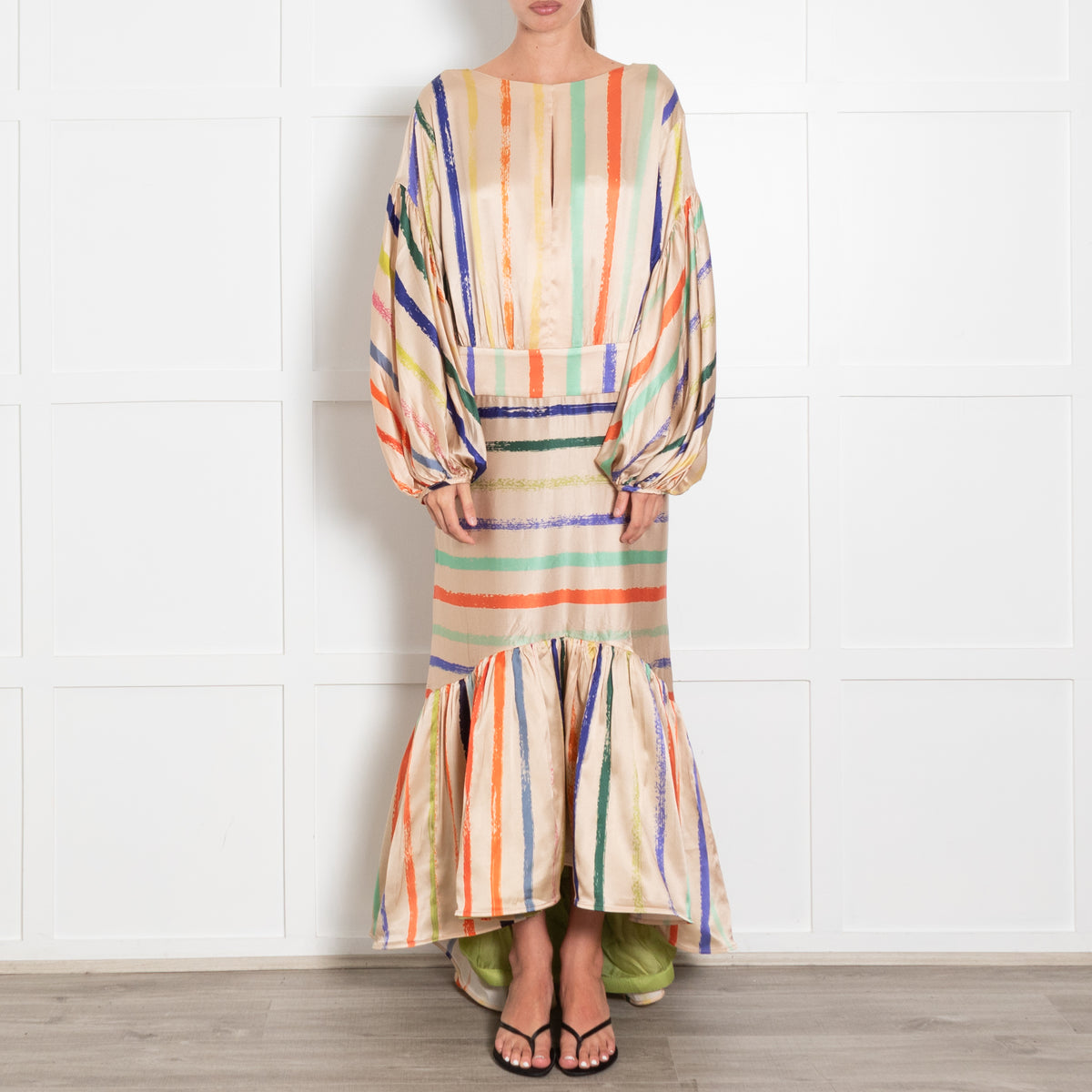Silvia Tcherassi Albahaca Striped Stretch Silk Flounce Dress