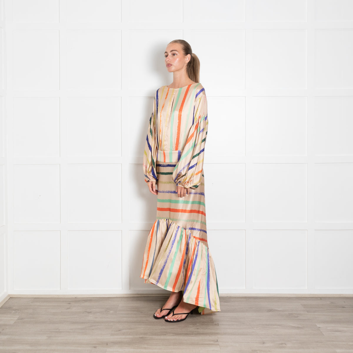 Silvia Tcherassi Albahaca Striped Stretch Silk Flounce Dress