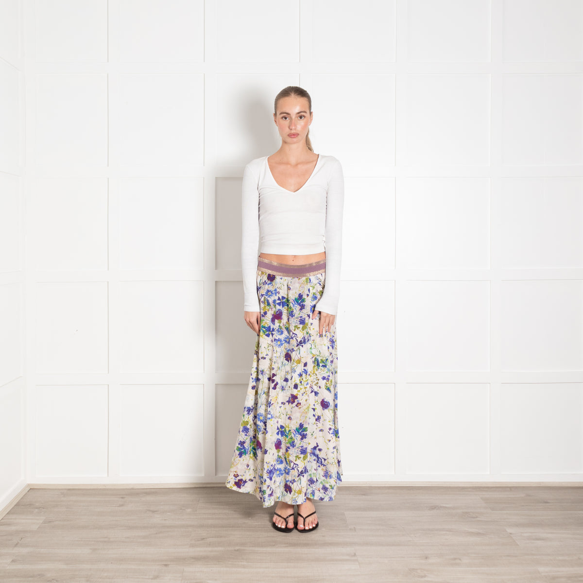 Pazuki Cream Blue Green Floral Maxi Skirt