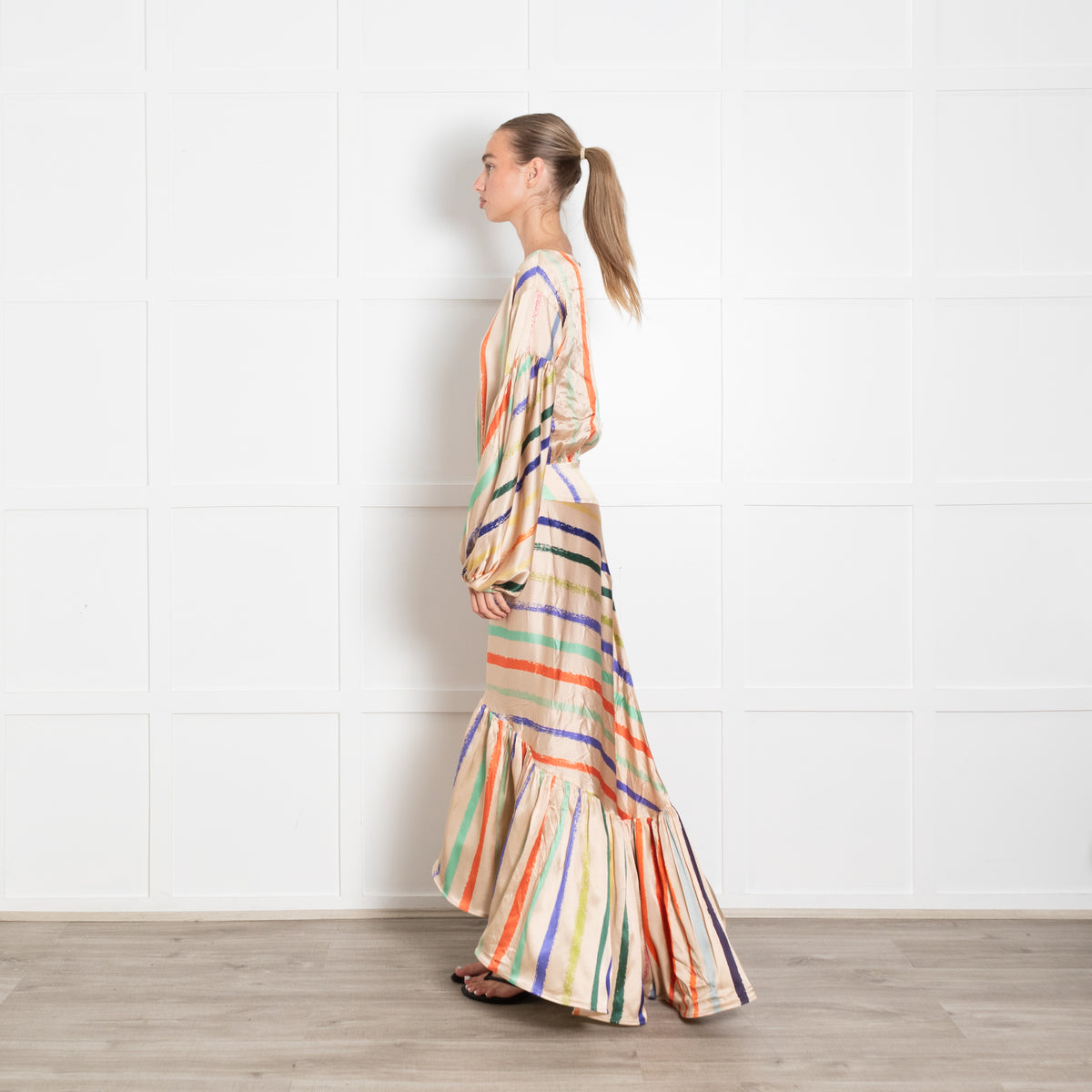 Silvia Tcherassi Albahaca Striped Stretch Silk Flounce Dress