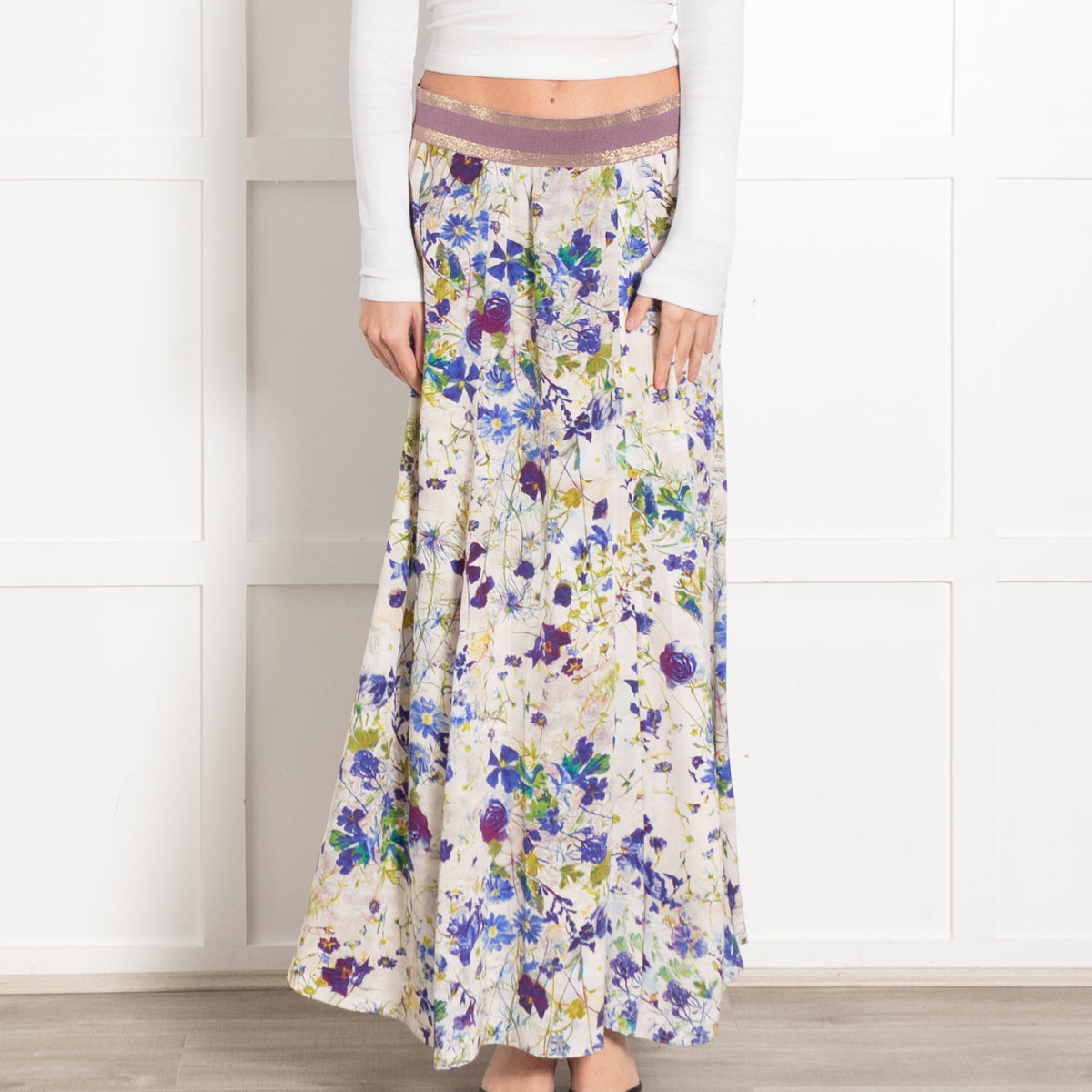 Pazuki Cream Blue Green Floral Maxi Skirt