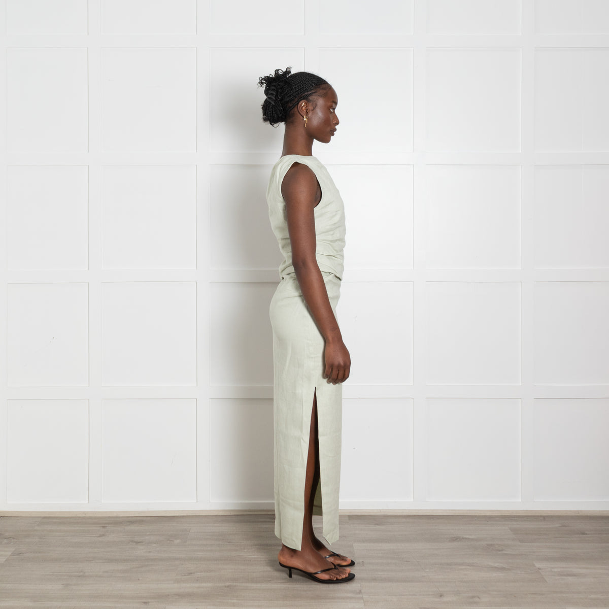 SIR The Label Mint Green Ruched Midi Skirt