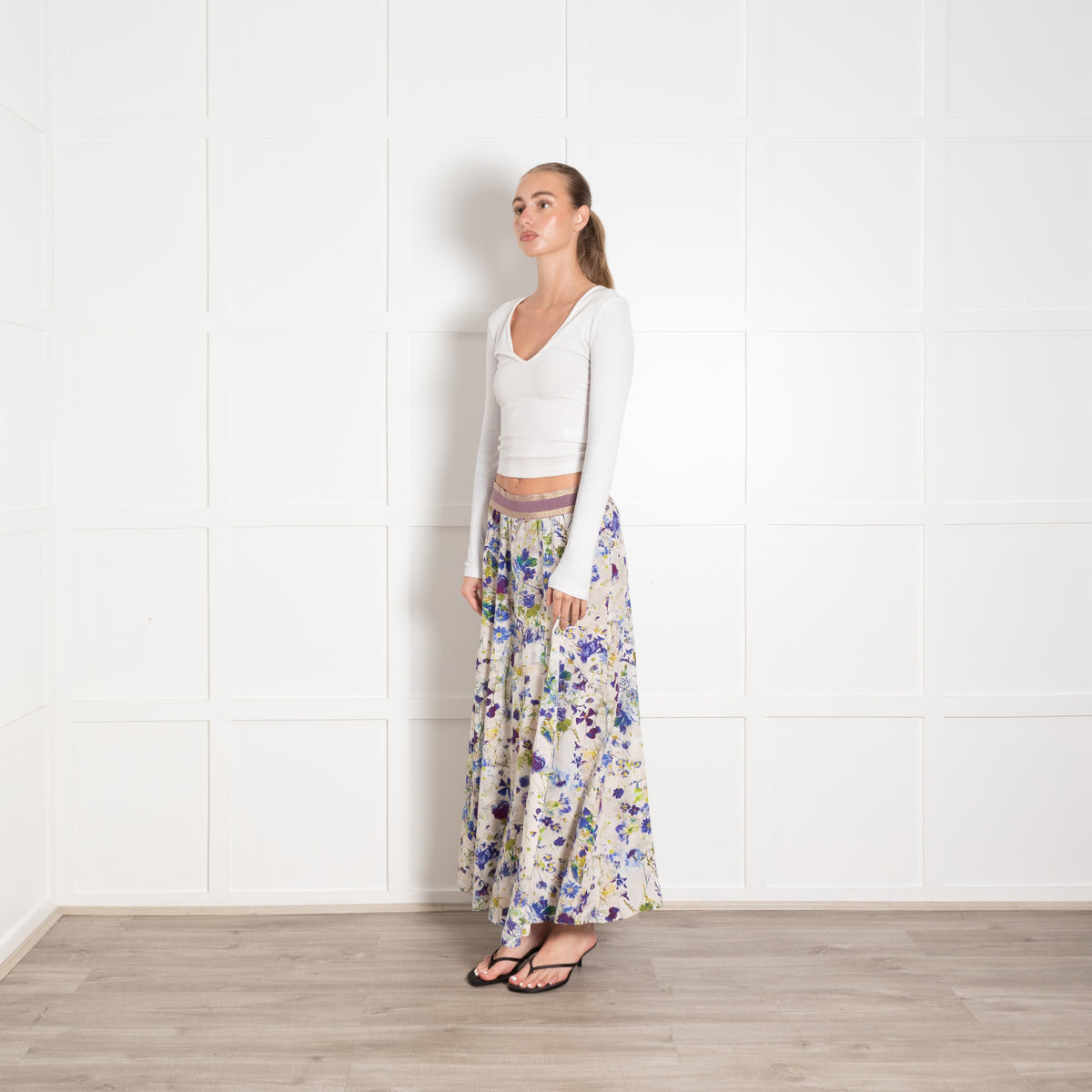 Pazuki Cream Blue Green Floral Maxi Skirt