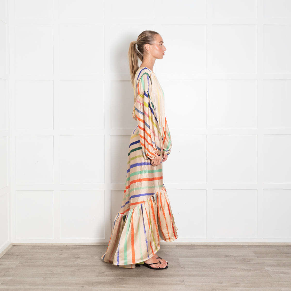 Silvia Tcherassi Albahaca Striped Stretch Silk Flounce Dress