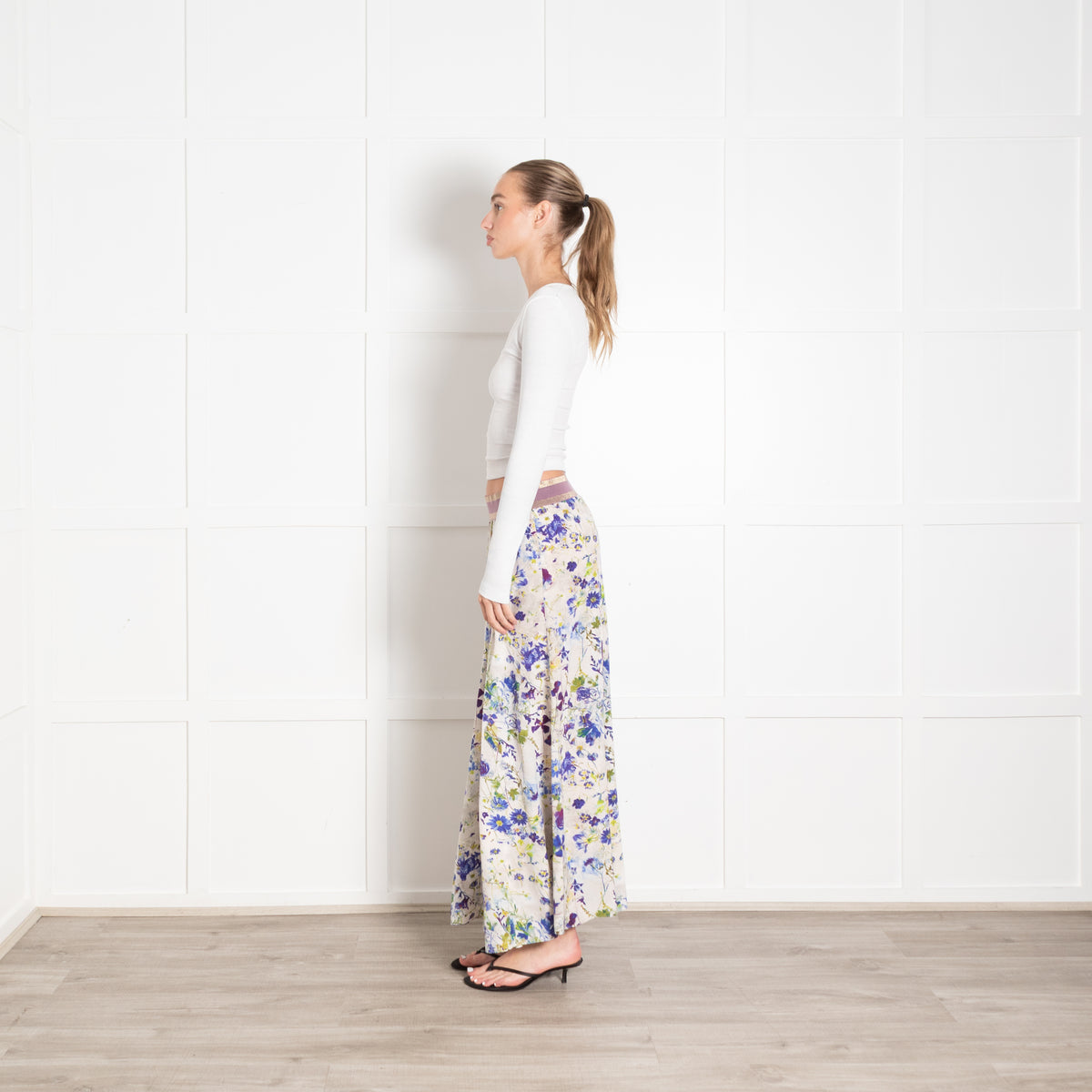 Pazuki Cream Blue Green Floral Maxi Skirt