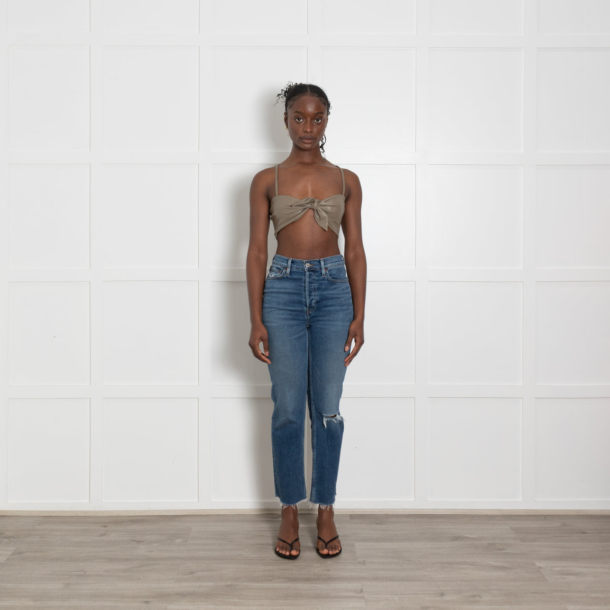 Nanushka Taupe Tie Front Faux Leather Bralette