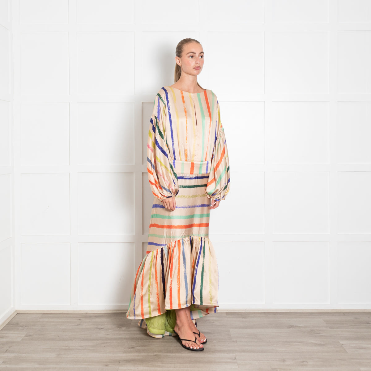 Silvia Tcherassi Albahaca Striped Stretch Silk Flounce Dress