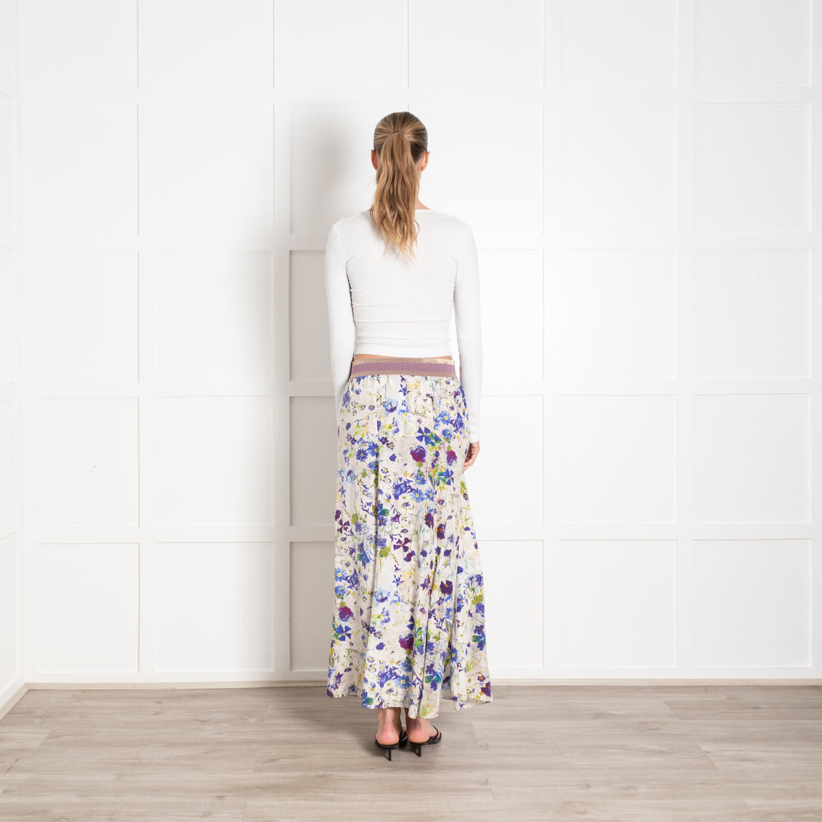 Pazuki Cream Blue Green Floral Maxi Skirt