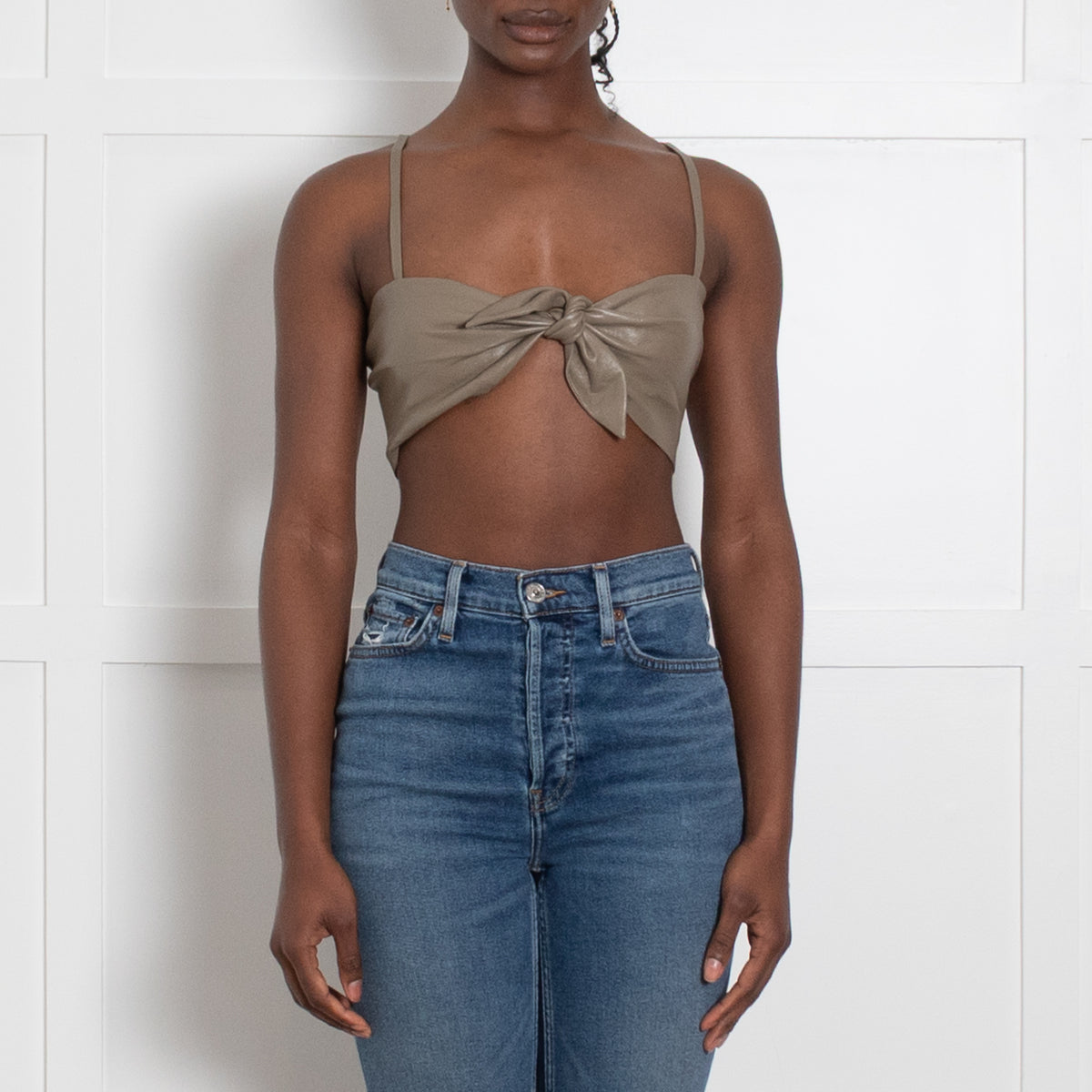 Nanushka Taupe Tie Front Faux Leather Bralette