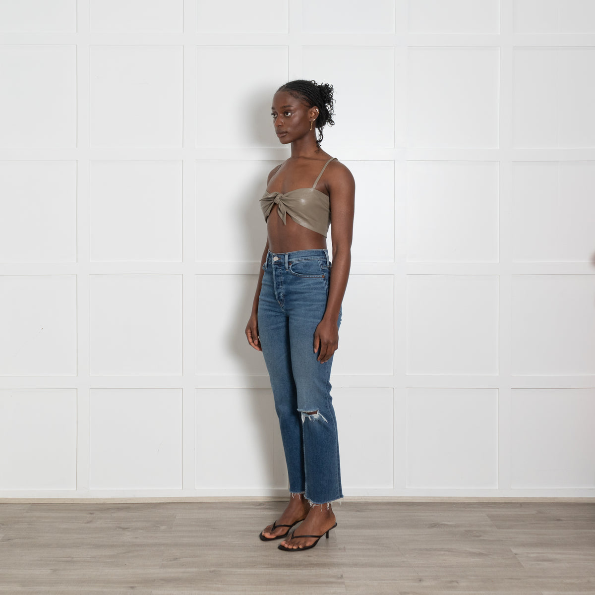Nanushka Taupe Tie Front Faux Leather Bralette