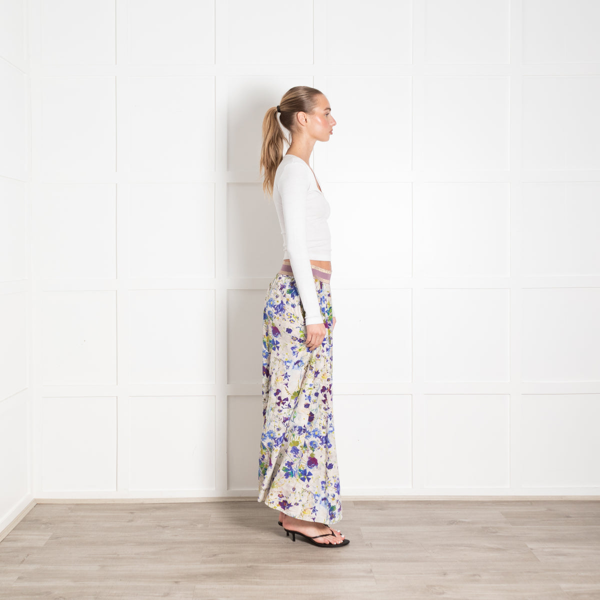 Pazuki Cream Blue Green Floral Maxi Skirt
