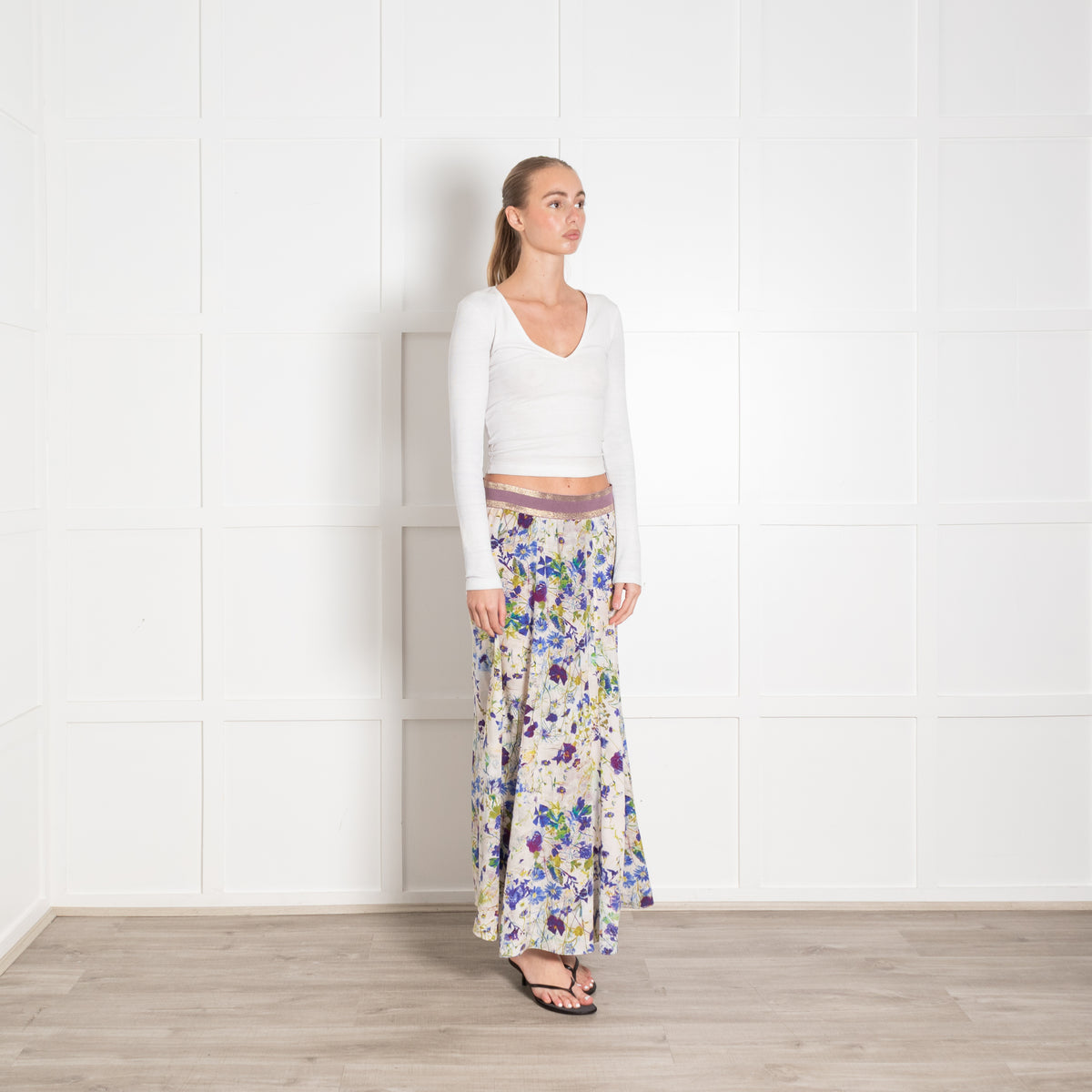 Pazuki Cream Blue Green Floral Maxi Skirt