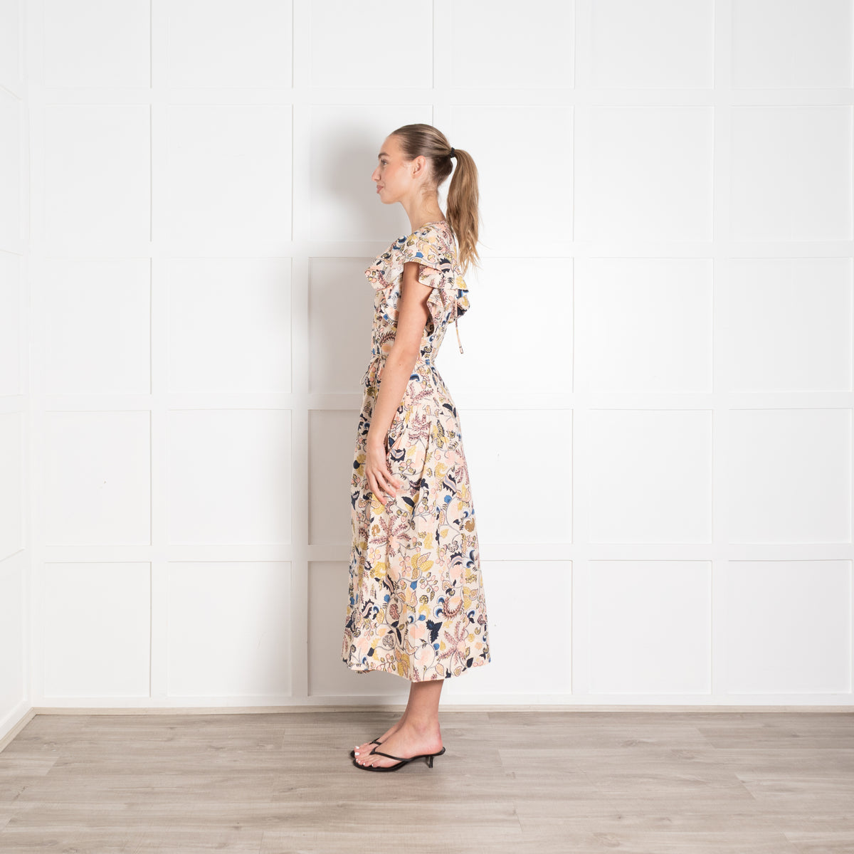Ulla Johnson Peach Pink Blue Botanical Print Ruffle Cap Sleeve Dress