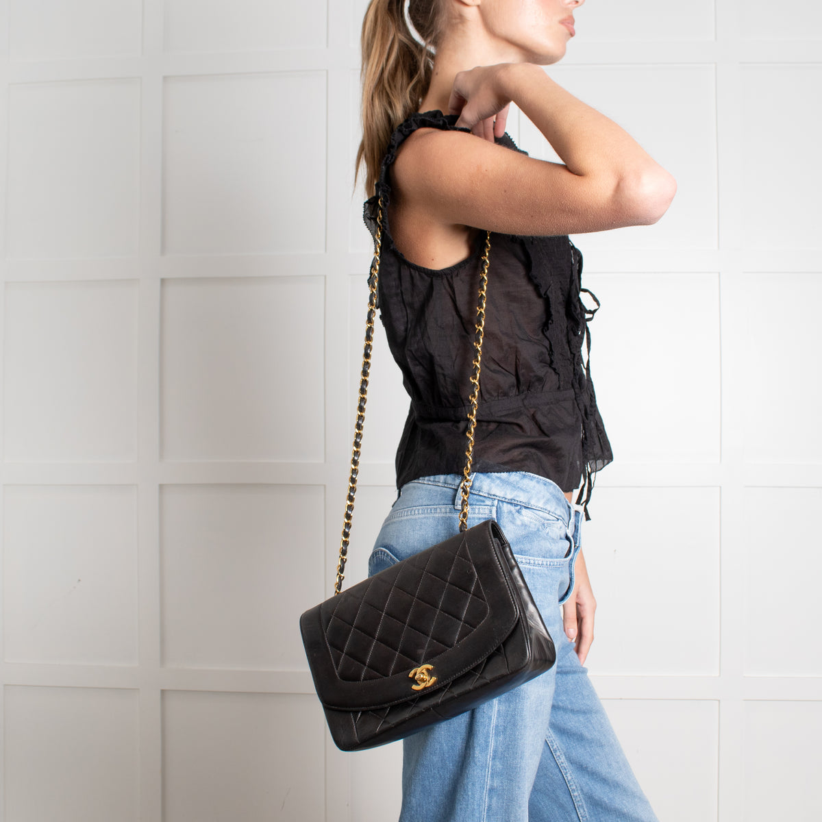 Chanel Medium Diana Matelasse Lambskin Chain Shoulder Bag in Black