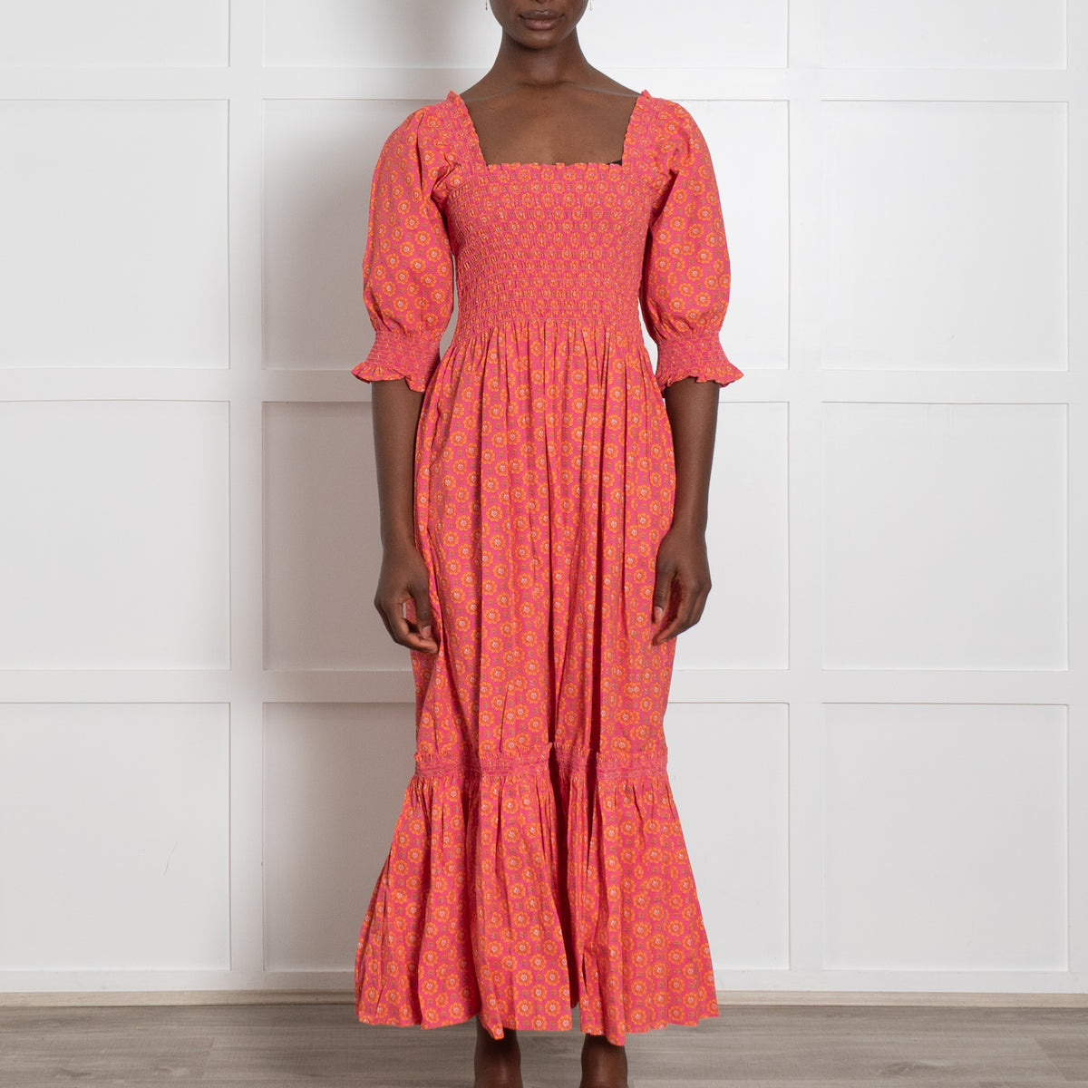 Wyse Pink and Orange Shirred Midi Dress