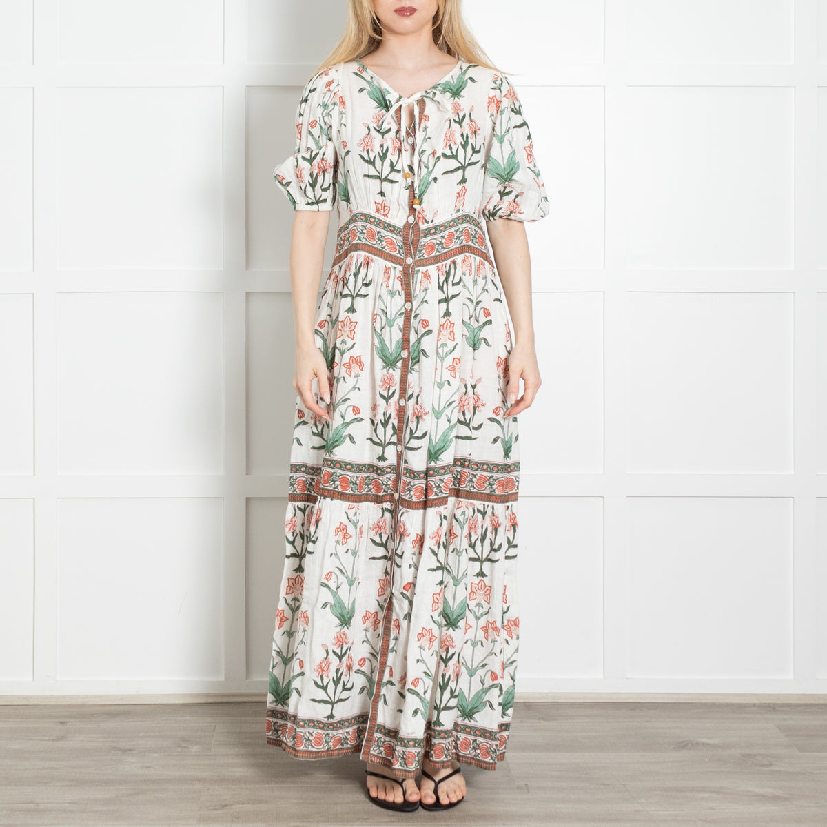 Hannah White Green Orange Floral Linen Button Up Maxi Dress