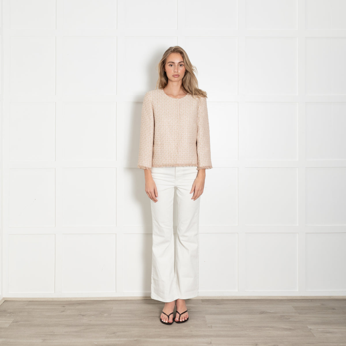 Max Mara Studio Pink and Beige Woven Collarless Jacket