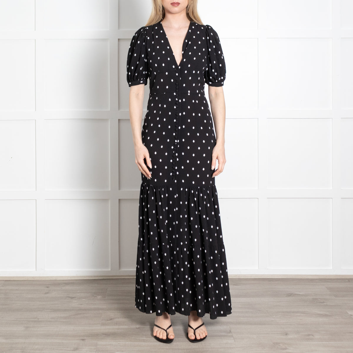 Rotate Black White Polka Dot Short Sleeve Maxi Dress