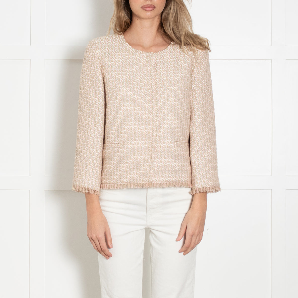 Max Mara Studio Pink and Beige Woven Collarless Jacket