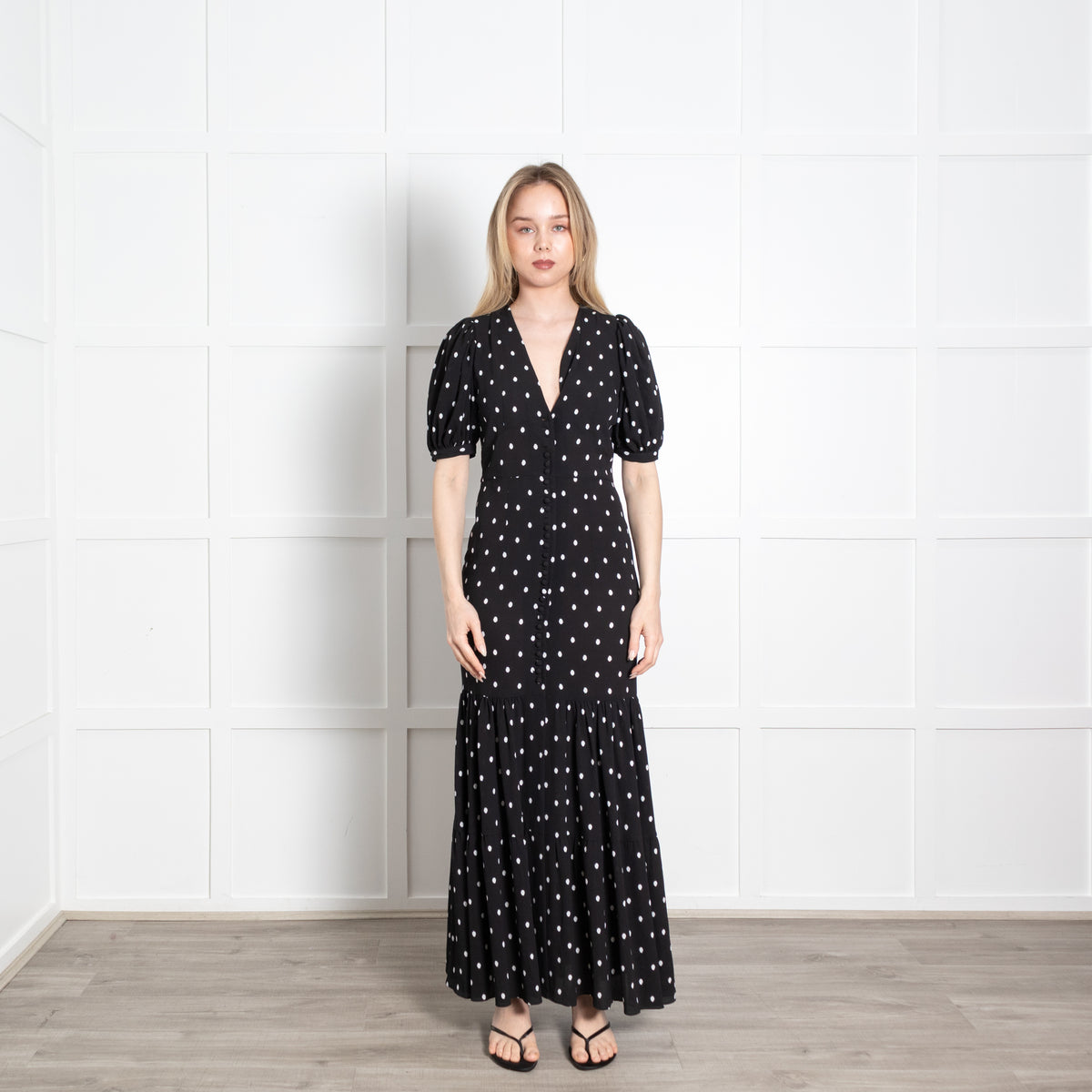 Rotate Black White Polka Dot Short Sleeve Maxi Dress