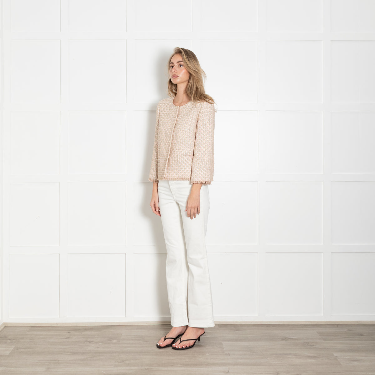 Max Mara Studio Pink and Beige Woven Collarless Jacket