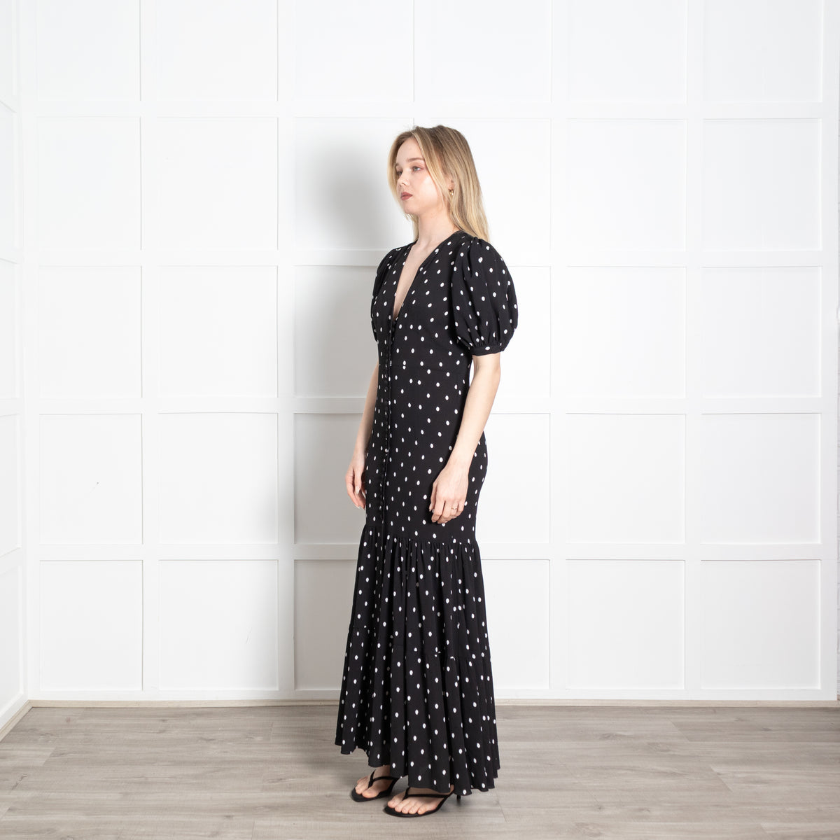 Rotate Black White Polka Dot Short Sleeve Maxi Dress