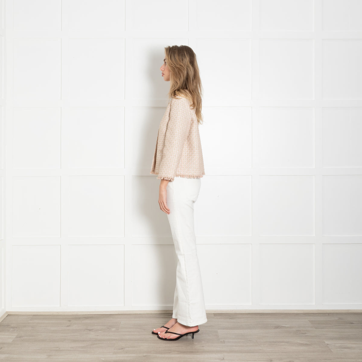 Max Mara Studio Pink and Beige Woven Collarless Jacket