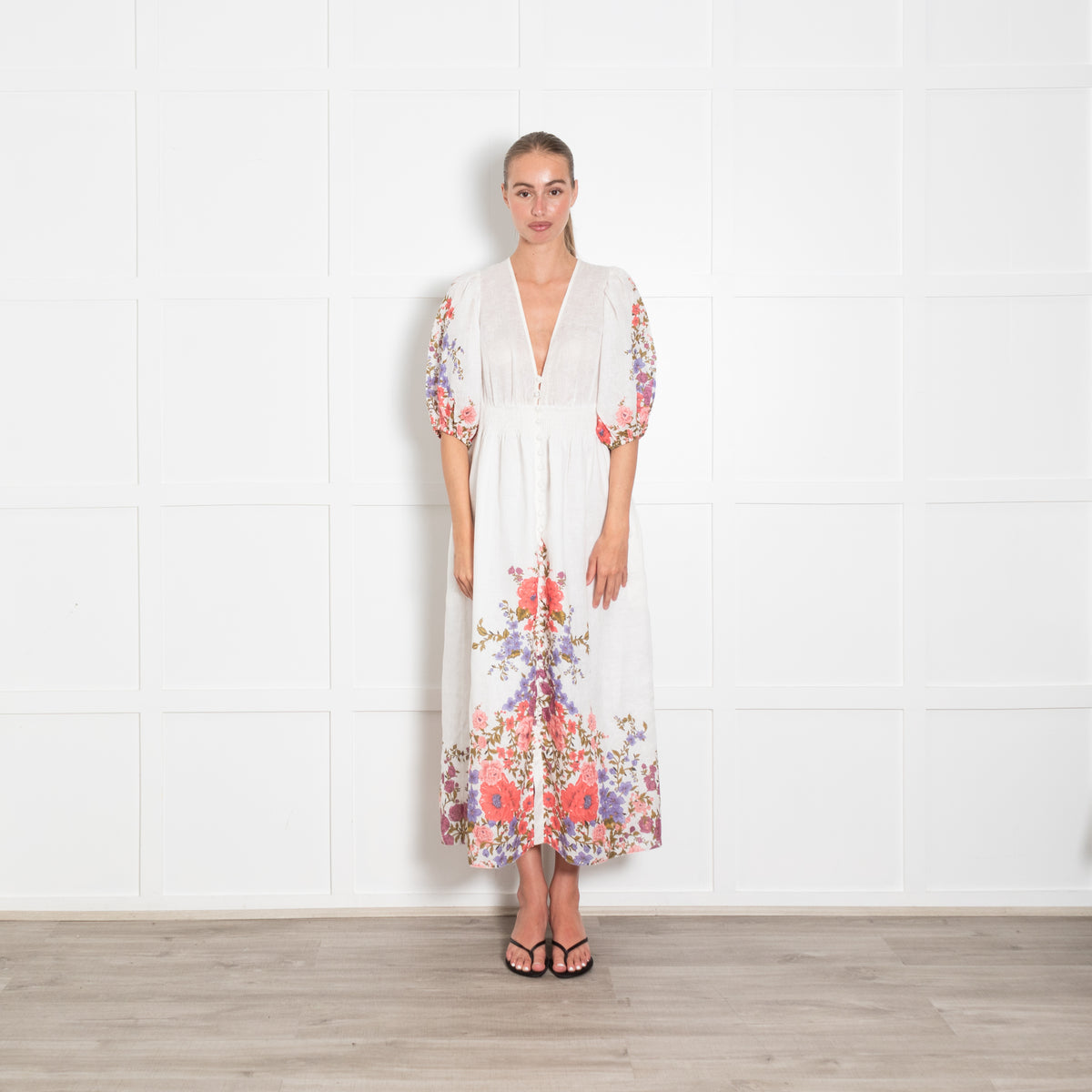 Zimmermann White Linen Midi Dress with Pink and Purple Floral Trim