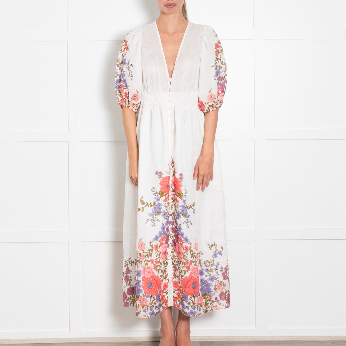 Zimmermann White Linen Midi Dress with Pink and Purple Floral Trim
