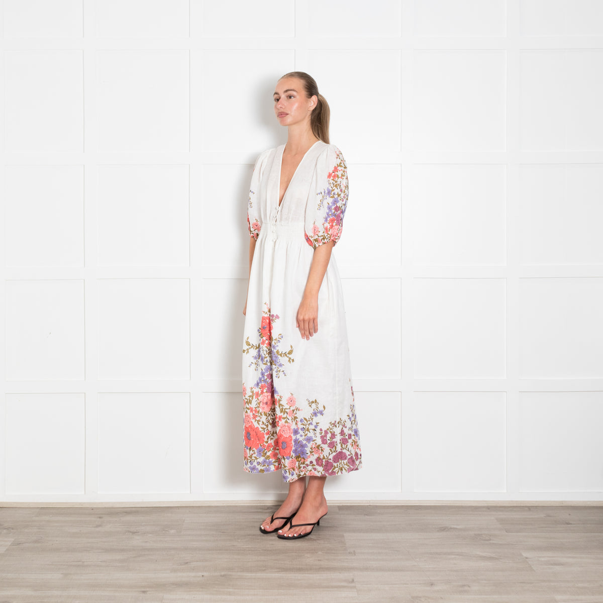 Zimmermann White Linen Midi Dress with Pink and Purple Floral Trim
