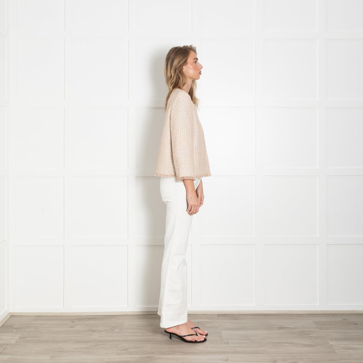 Max Mara Studio Pink and Beige Woven Collarless Jacket