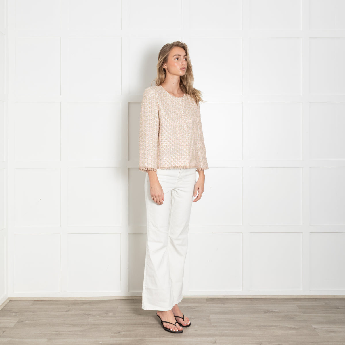 Max Mara Studio Pink and Beige Woven Collarless Jacket
