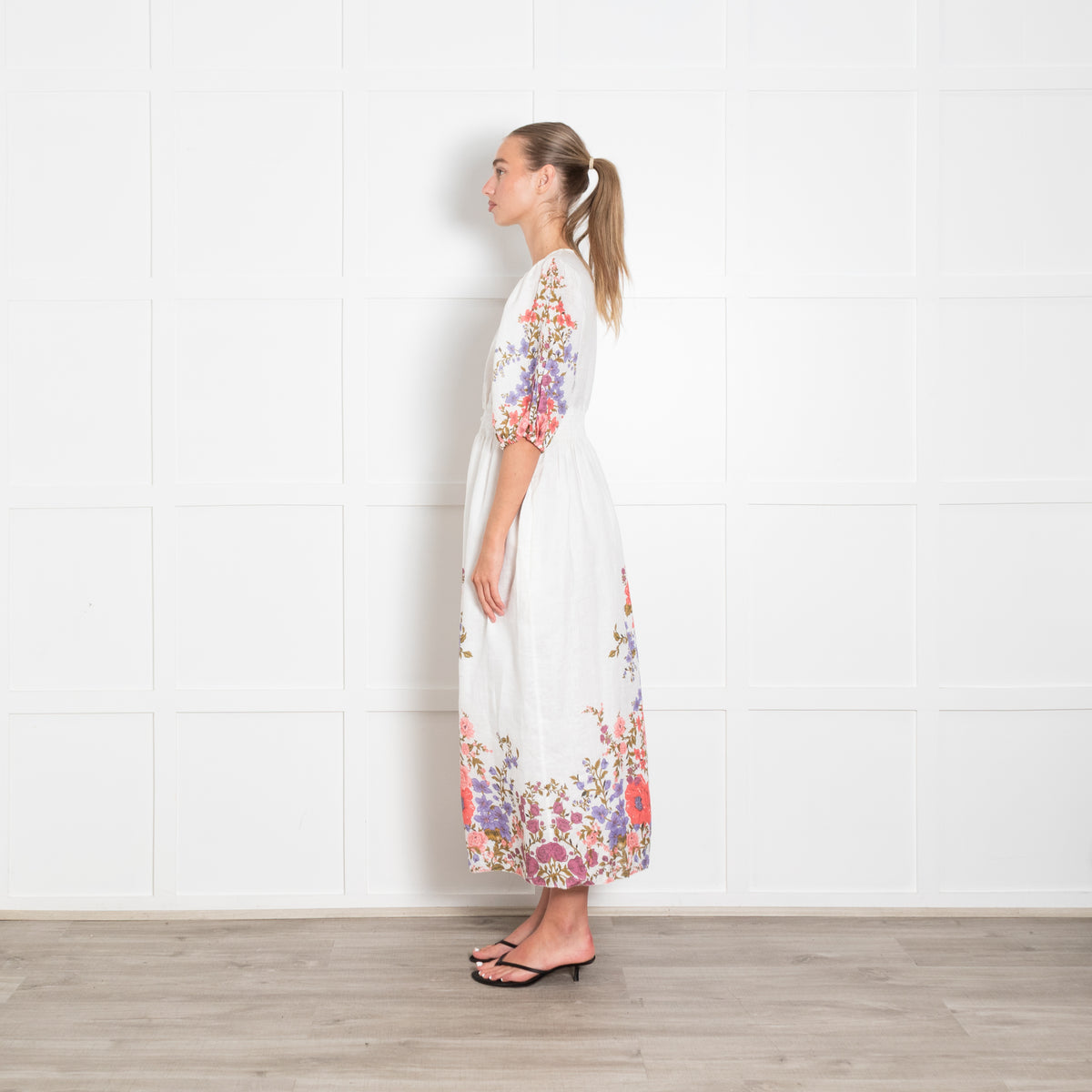 Zimmermann White Linen Midi Dress with Pink and Purple Floral Trim