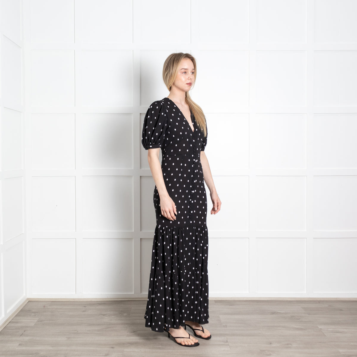 Rotate Black White Polka Dot Short Sleeve Maxi Dress