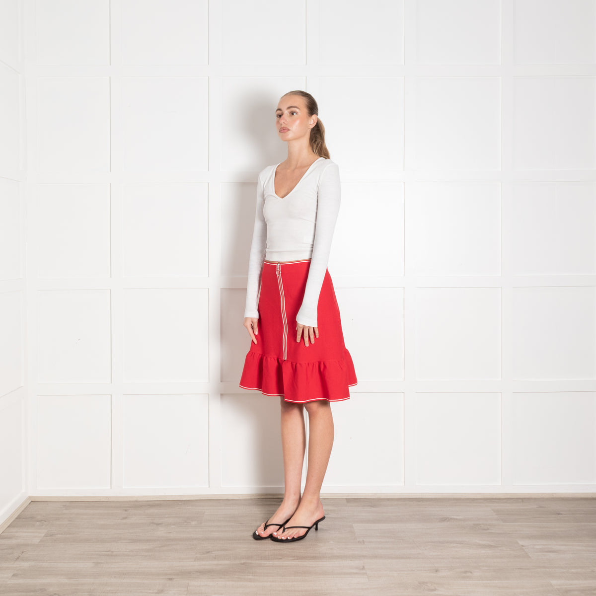Sandro Red Fishtail Zip Front Skirt