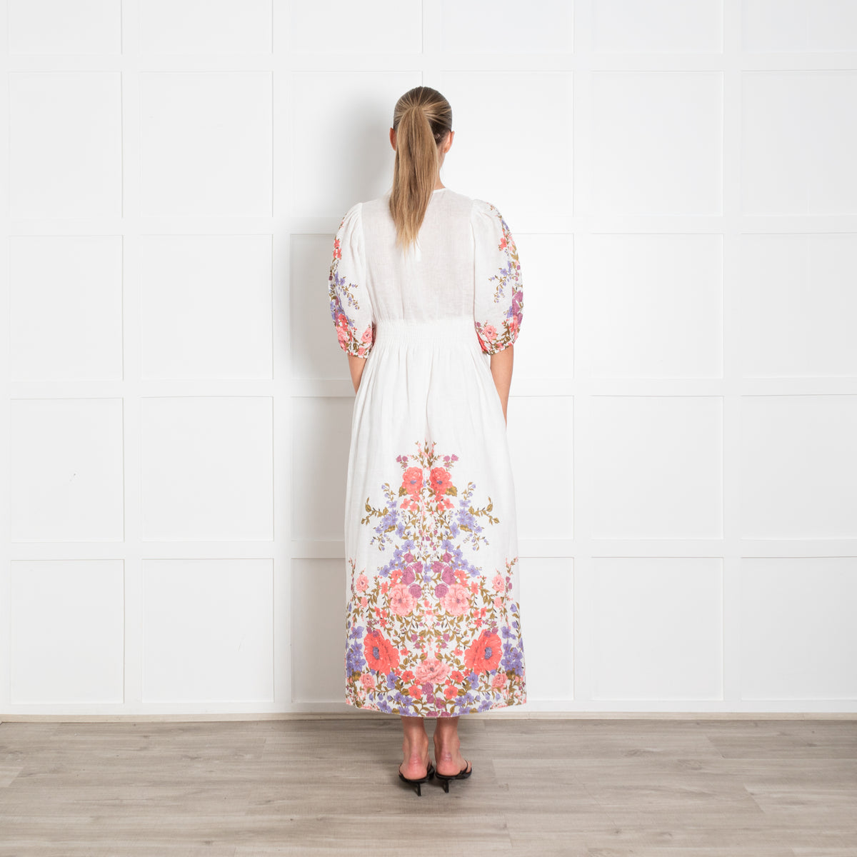 Zimmermann White Linen Midi Dress with Pink and Purple Floral Trim