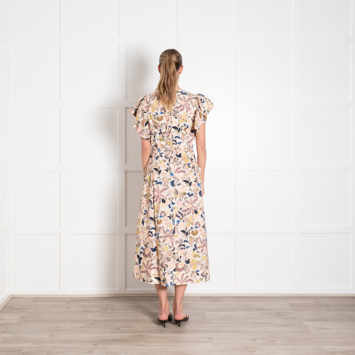 Ulla Johnson Peach Pink Blue Botanical Print Ruffle Cap Sleeve Dress