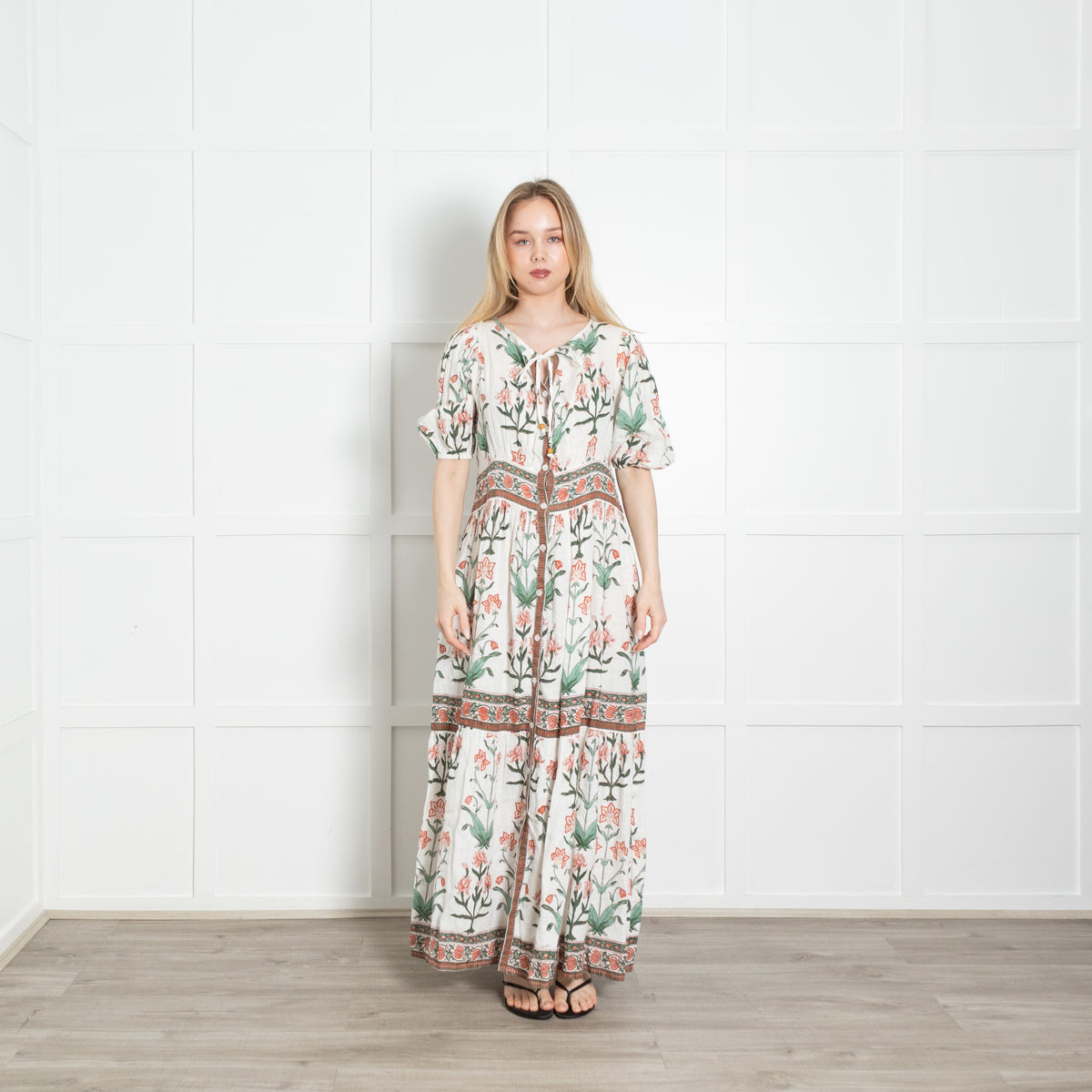 Hannah White Green Orange Floral Linen Button Up Maxi Dress