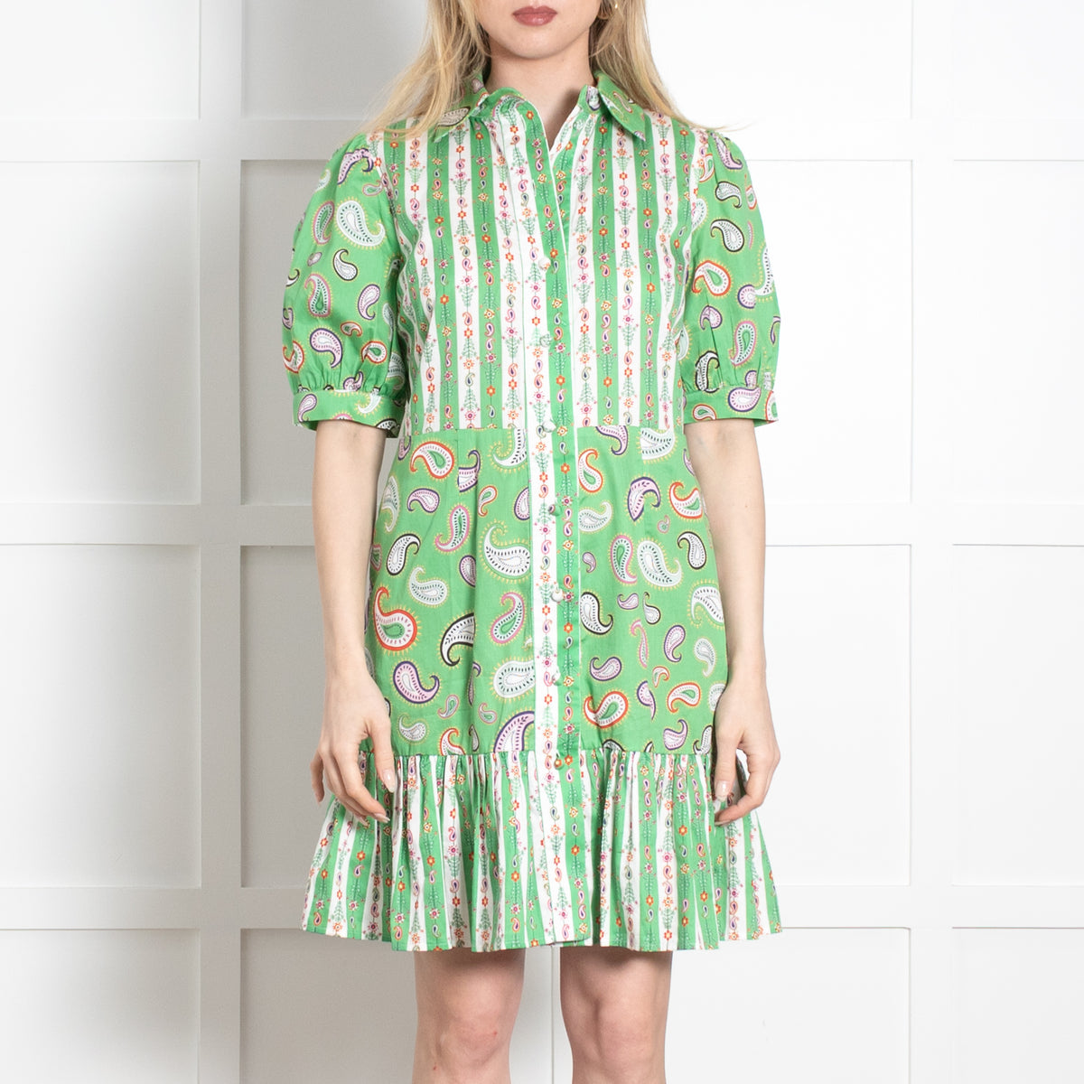 Hayley Menzies Green White Paisley Print Short Sleeve Dress